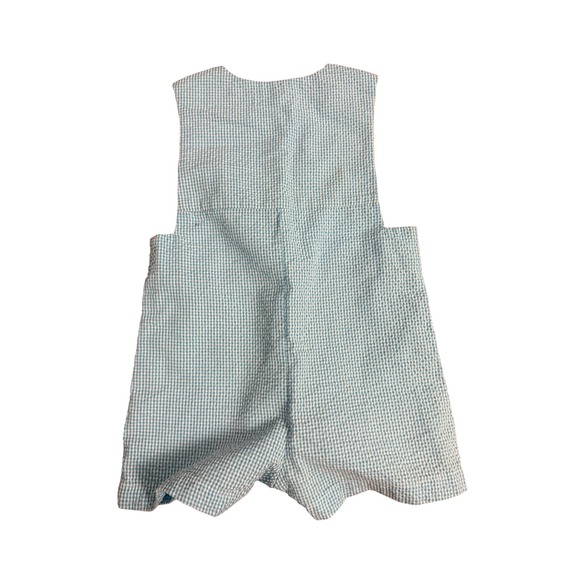 Petit Pomme Blue Gingham Seersucker Embroidered Turtle Jon Jon Romper 12M - Picture 2 of 3